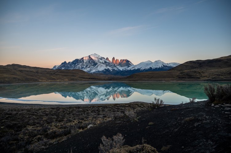 Torres del Paine central massif at sunrise